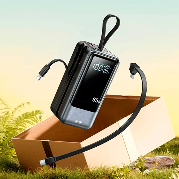 Павербанк для макбука/ноутбука Remax RPP-59 20000 mAh 65W USB/Type-C с быстрой зарядкой и встроенными кабелями Type-C/Lightning PD65W+QC60W Black - изображение 3