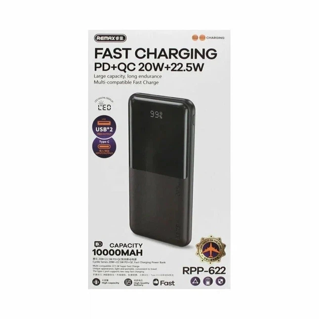 Павербанк REMAX RPP-622 10000 mAh 22.5W 2USB/1Type-C Портативний зовнішній акумулятор PowerBank зі швидкою зарядкою Black - зображення 2