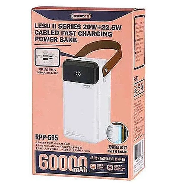 Павербанк REMAX RPP-565 60000 mAh 22.5W зі швидкою зарядкою та вбудованими кабелями Type-C/Lightning PD20W+QC22.5W Grey - зображення 5