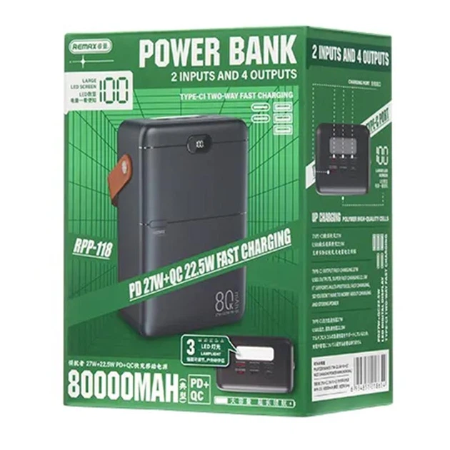 Павербанк Remax RPP-118 80000 mAh 27W 3USB/Type-C Портативний зовнішній акумулятор Power Bank зі швидкою зарядкою PD27W+QC22.5W та ліхтариком Black - зображення 7