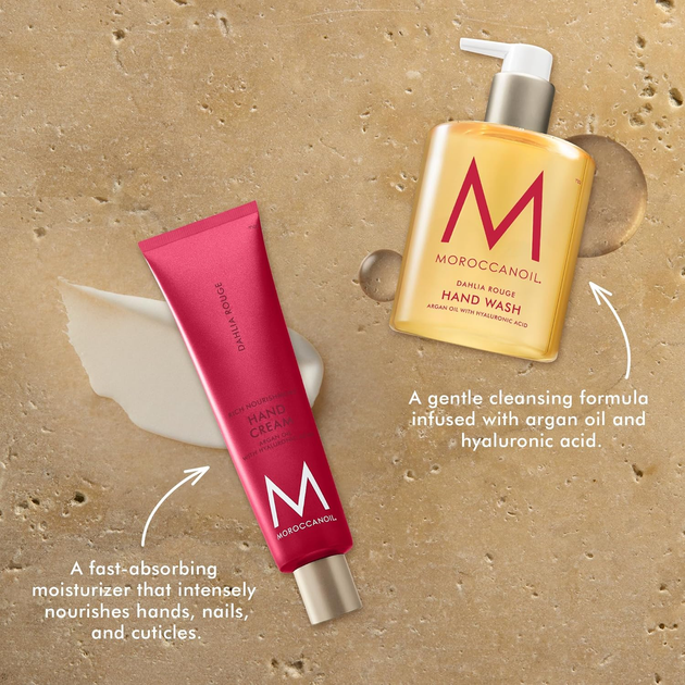 Набір для догляду за руками Moroccanoil Dahlia Rouge Рідке мило для рук 360 мл + Крем для рук 100 мл (7290116974781) - зображення 4