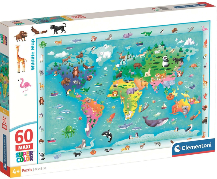 Puzzle Clementoni Maxi Super Kolor Wildlife Map 60 elementów 26072 (8005125260720) - obraz 1