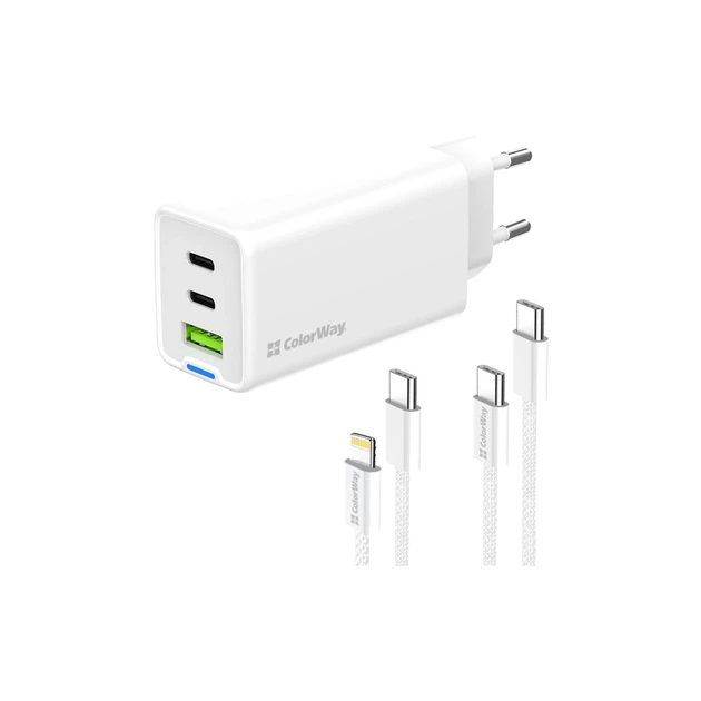 Зарядний пристрій ColorWay GaN Mini 65W PD Port PPS USB (USB-2C1A) cable Type-C&Lightning (CW-CHS058PDCL-WT) - Фото 4 Зарядний пристрій ColorWay GaN Mini 65W PD Port PPS USB (USB-2C1A) cable Type-C&Lightning (CW-CHS058PDCL-WT) - зображення 4
