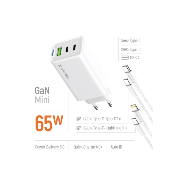 Зарядний пристрій ColorWay GaN Mini 65W PD Port PPS USB (USB-2C1A) cable Type-C&Lightning (CW-CHS058PDCL-WT) - Фото 7 Зарядний пристрій ColorWay GaN Mini 65W PD Port PPS USB (USB-2C1A) cable Type-C&Lightning (CW-CHS058PDCL-WT) - зображення 7