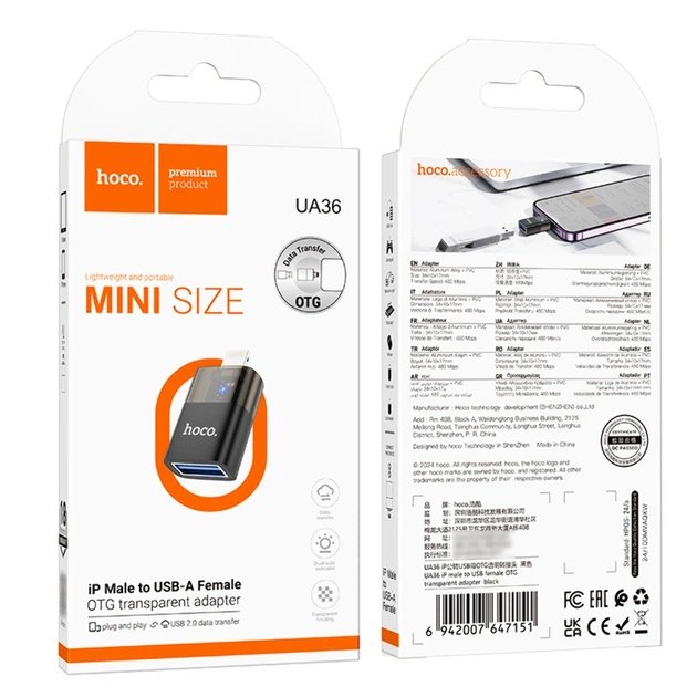 Переходник адаптер HOCO ua36 - ip to USB с индикатором LED черный - изображение 4