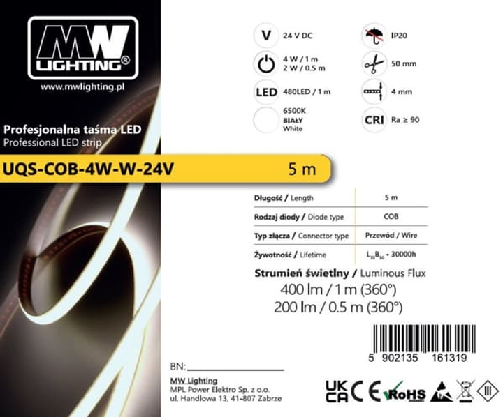 Profesjonalna taśma MW Lighting COB 24V 4W/m 6500K IP20 4mm mini PCB (UQS-COB-4W-W-24V-5m) (5902135161296) - obraz 2