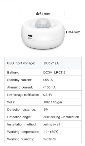 Датчик руху + освітлення WiFi, живлення від USB, Tuya, Smart life, - зображення 2