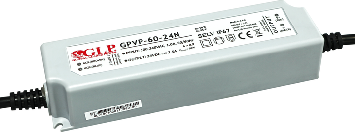 Zasilacz GLP plastic case, double insulation wires PSU: 24V/2.5A, CV, PFC, IP67, GPVP-60-24N (5902135134054) - obraz 1