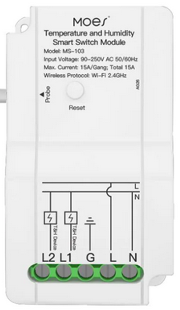 Inteligentny przełącznik Moes TUYA MS-103-TH Wi-Fi 2-kanałowy z czujnikiem temperatury i wilgotności 15A (5902135155363) - obraz 1