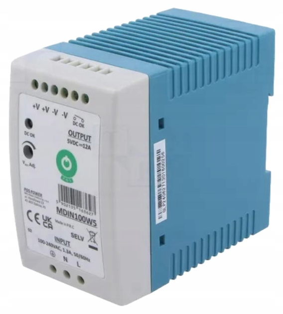 Transformator do lamp POS DIN Rail PSU Slim 5V/12A (MDIN100W5) - obraz 1
