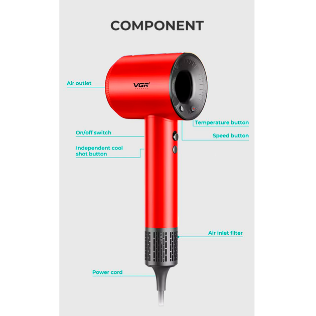 Фен профессиональный VGR V-445 RED, 3 уровня обдува, 4 уровня температуры, 1600 Вт, 110000 RPM - изображение 3