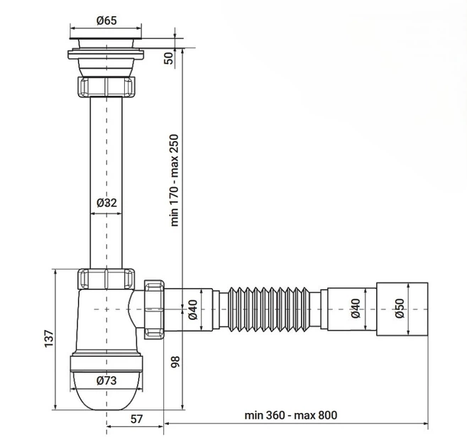 Сифон для раковини ZERIX SU-03-А з ревізією (Колір білий) 1 1/4'' (ZX5083) - изображение 2