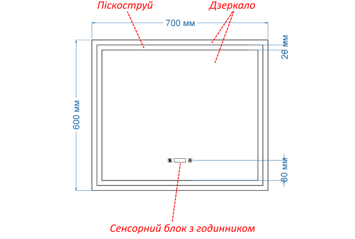 Дзеркало з двома LED підсвітками прямокутне в чорній рамі ПВХ 70 на 60 см, два сенсора, годинник та підігрів дзеркала, модель Karnet La Mir (636113163134817060) - зображення 9
