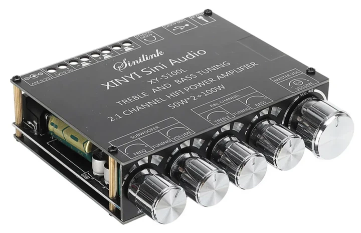 Аудио усилитель TPA3116 2.1, 8-26В 5А, 2x50Вт + 100Вт (стерео + сабвуфер) Bluetooth 5.0, AUX, USB, XY-S100L - Фото 1 Аудио усилитель TPA3116 2.1, 8-26В 5А, 2x50Вт + 100Вт (стерео + сабвуфер) Bluetooth 5.0, AUX, USB, XY-S100L - изображение 1