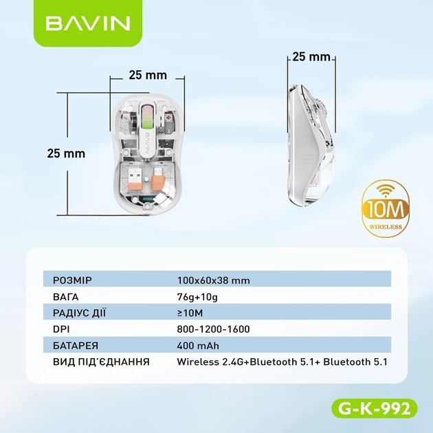 Мышь Bavin G-K-992 RGB Wireless/Bluetooth White (G-K-992-WH) - изображение 9