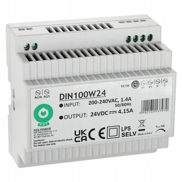 Transformator do lamp POS DIN Rail PSU 24V/4.15A (DIN100W24) - obraz 1