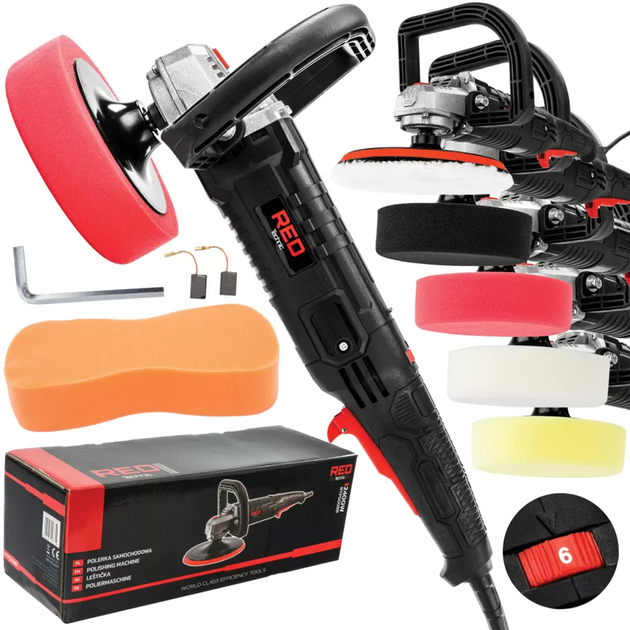 Полірувальна машина RED TECHNIC RTPS0088 2400 Вт 6-ступеневе регулювання обертів інструмент з набором губок для полірування та шліфування поверхонь - Фото 9 Полірувальна машина RED TECHNIC RTPS0088 2400 Вт 6-ступеневе регулювання обертів інструмент з набором губок для полірування та шліфування поверхонь - зображення 9