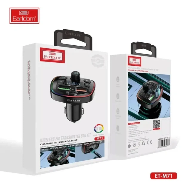 FM-трансмиттер для авто Earldom M71 MP3 2USB+Type-C 3.1A LED-дисплей прикуриватель черный - изображение 4