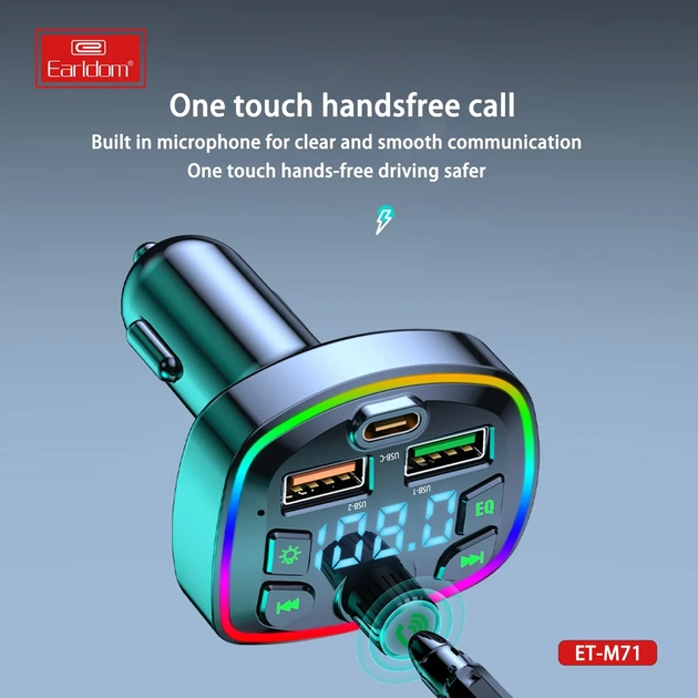 FM-трансмиттер для авто Earldom M71 MP3 2USB+Type-C 3.1A LED-дисплей прикуриватель черный - изображение 7