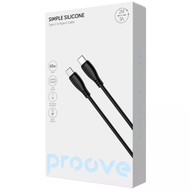 Кабель для зарядки Proove Simple Silicone, Type-C to Type-C, потужність 60W, довжина 2 м, Чорний (CCSI60002221) - Фото 2 Кабель для зарядки Proove Simple Silicone, Type-C to Type-C, потужність 60W, довжина 2 м, Чорний (CCSI60002221) - зображення 2