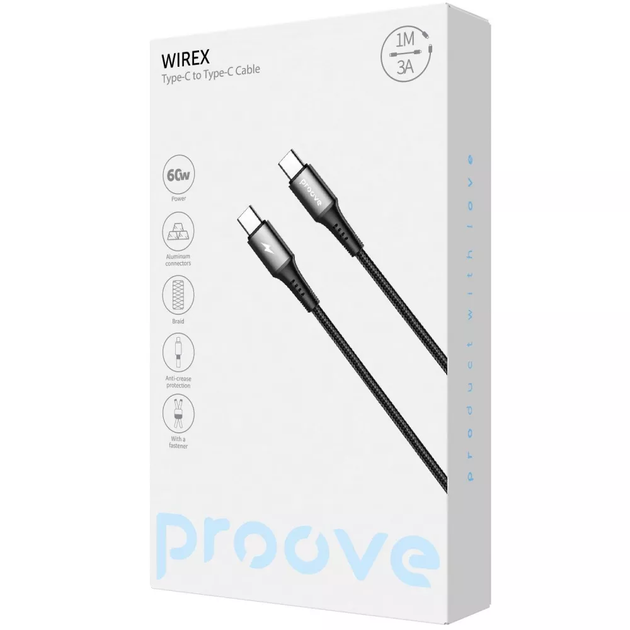 Кабель для зарядки Proove WireX Pro, Type-C to Type-C, 60W, длина 1 м, Черный (CCWX60002201) - Фото 2 Кабель для зарядки Proove WireX Pro, Type-C to Type-C, 60W, длина 1 м, Черный (CCWX60002201) - изображение 2