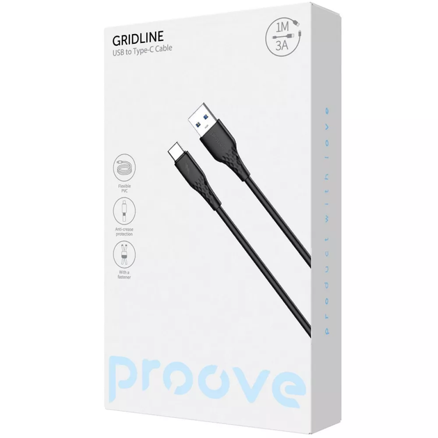 Кабель для зарядки Proove GridLine, USB to Type-C, мощность 27W, длина 1 м, Черный (CCGL15001201) - Фото 2 Кабель для зарядки Proove GridLine, USB to Type-C, мощность 27W, длина 1 м, Черный (CCGL15001201) - изображение 2
