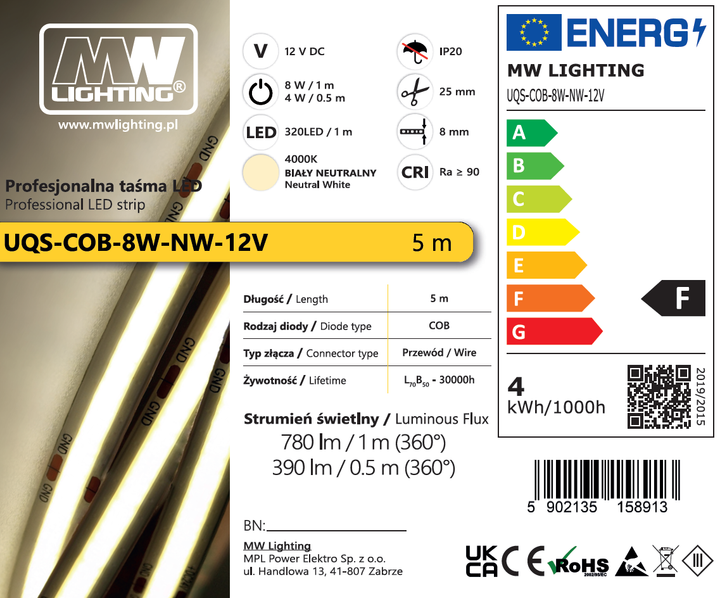 Profesjonalna tasma LED MW Lighting UQS COB 8 W/m 12V 320LED 4000K CRI90 IP20 5m (5902135158913) - obraz 4