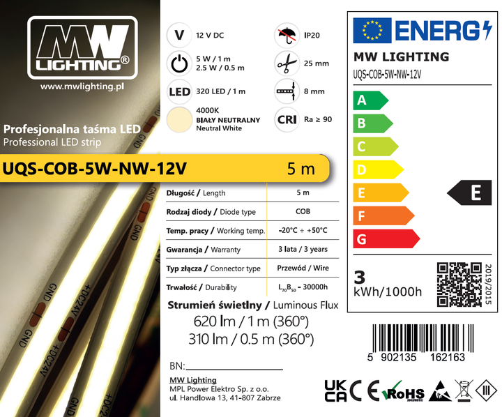 Професійна світлодіодна стрічка MW Lighting UQS COB 5 Вт/м 12В 320LED 4000K CRI90 IP20 5м (5902135162163) - зображення 3