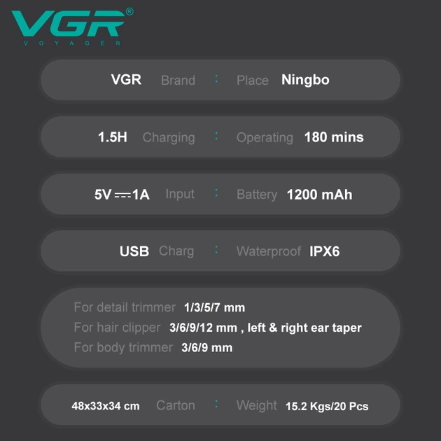 Універсальна машинка триммер для стрижки волосся та бороди з USB LED дисплеєм VGR V-103 Pro + Щіточка для чищення - изображение 6