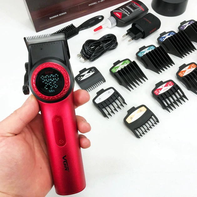 Професійна машинка для стрижки волосся VGR V-001 RED з дисплеєм 9000 об та 10 насадками (1,5-24 мм) - изображение 2