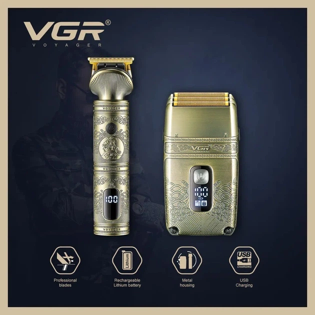 Бездротовий професійний набір машинка для стрижки та шейвер VGR V-649 акумуляторна водонепроникна сіткова для сухого і вологого гоління знімні насадки (1мм, 3мм, 5мм, 7мм) Бронзовий - изображение 6