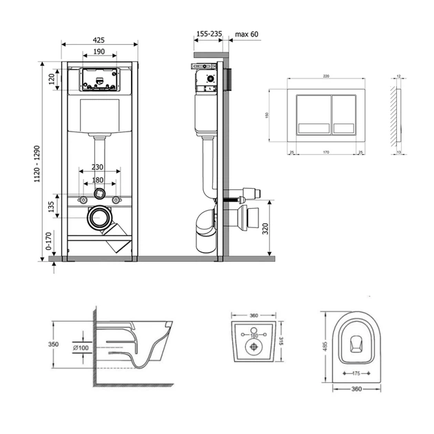 Готовое решение Qtap для ванной комнаты: подвесной унитаз Jay Ultra Quiet 485x360x320 + комплект инсталляции Nest 4 в 1 (квадратная клавиша Chrome) - изображение 2