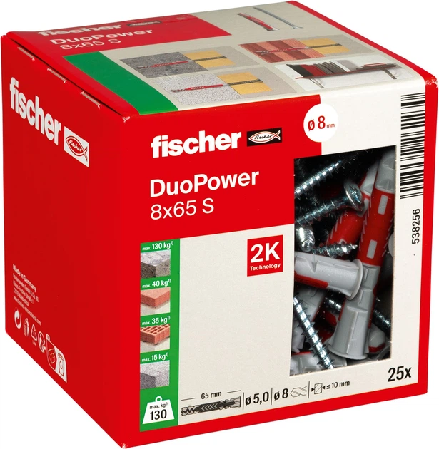 Дюбель Fischer DuoPower 538256 8 х 65 мм S із шурупом 25 шт (4048962262230) - зображення 2