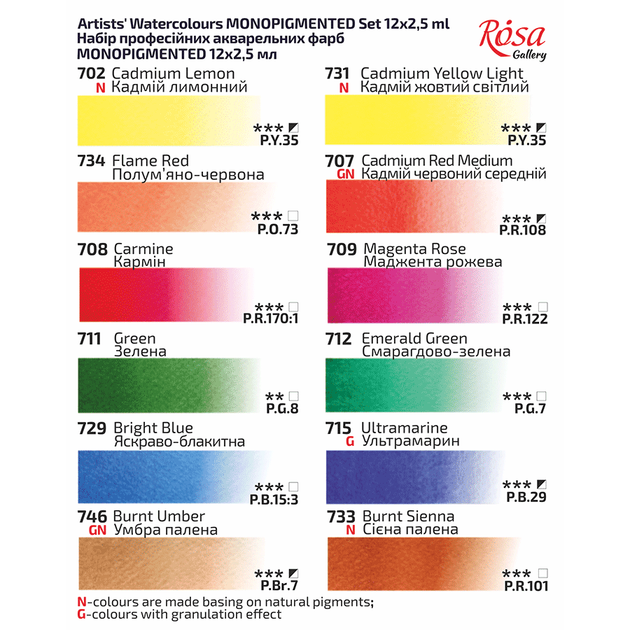 Акварель художественная в наборе Rosa Gallery, 12 цветов по 2,5 мл., MONOPIGMENTED, кюветы, картонный пенал, (340113) - Фото 3 Акварель художественная в наборе Rosa Gallery, 12 цветов по 2,5 мл., MONOPIGMENTED, кюветы, картонный пенал, (340113) - изображение 3
