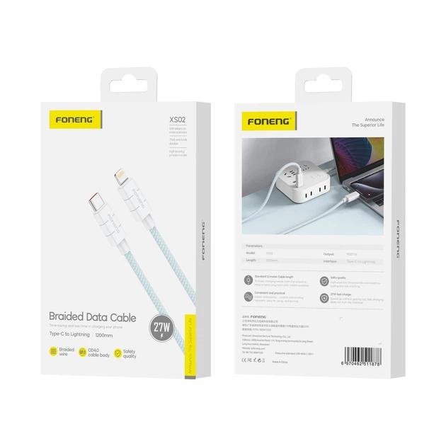 Плетёный кабель Foneng XS02 USB-C→Lightning 2,4 A, 1,2 м — усиленная нейлоновая оплётка, металлические коннекторы, стильный дизайн, для iPhone и iPad, надёжная передача данных и быстрая зарядка Голубой - изображение 11