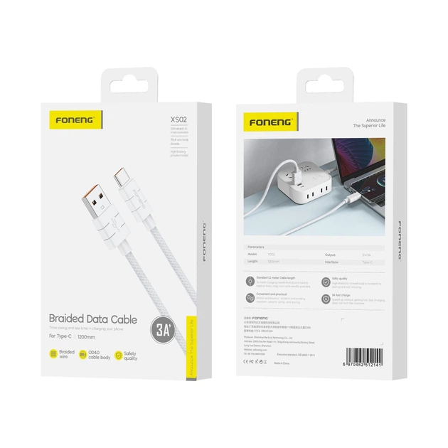Кабель Foneng XS02 USB–Type-C 3 A, 1,2 м — быстрая зарядка, усиленная нейлоновая оплётка и металлические коннекторы. Надёжный кабель для смартфонов, планшетов и зарядки в автомобиле Белый - изображение 10