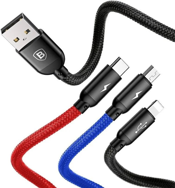 Кабель Baseus Three Primary Colors USB  to USB Type-C + Lightning + microUSB 0.3 м 3.5A Black (CAMLT-ASY01) - зображення 4