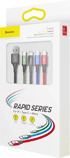 Кабель Baseus Fast 4-in-1 USB to Lightning+ 2x USB-C + MicroUSB 3.5A 1.2 м Black (CA1T4-B01) - зображення 5