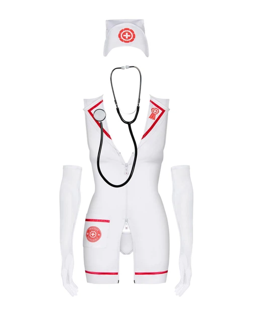 Эротический костюм медсестры Obsessive Emergency dress S/M, white, платье, стринги, перчатки, чепчик, стетоскоп - изображение 2