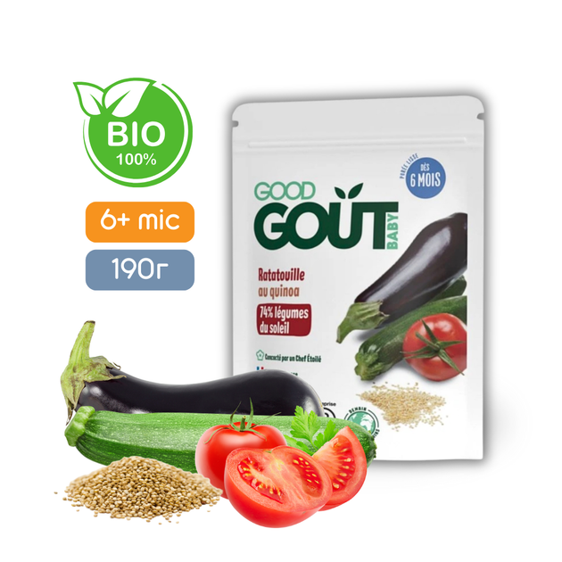 Овочеве пюре Good Gout BIO Рататуй з кіноа для дітей від 6 місяців, 190 г - Фото 1 Овочеве пюре Good Gout BIO Рататуй з кіноа для дітей від 6 місяців, 190 г - зображення 1