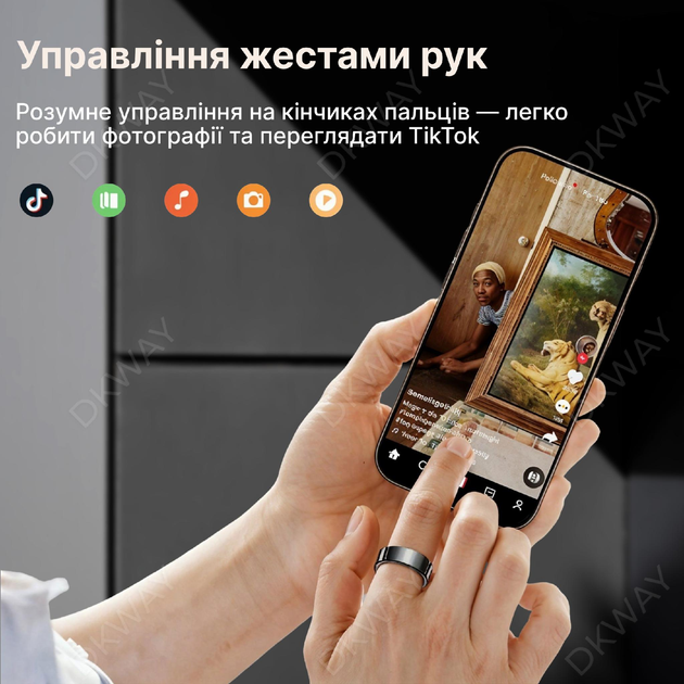 Розумне смарт кільце з трекером фітнес-кільце з кейсом для зарядки та функцією управлінням жестами Smart Ring DKWAY Q9 Розмір 10 Titanium Black - зображення 6