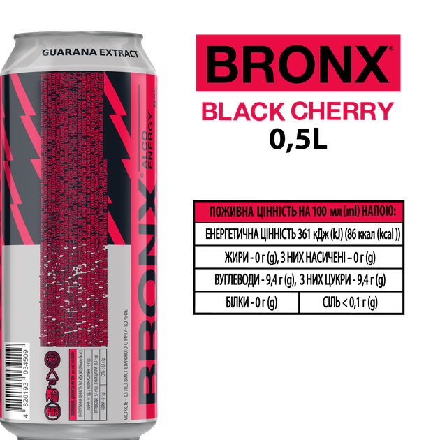 Упаковка слабоалкогольного энергетического напитка BRONX Black