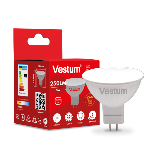 Світлодіодна лампа Vestum MR16 3W 3000K 220V GU5.3 1-VS-1502 - изображение 3