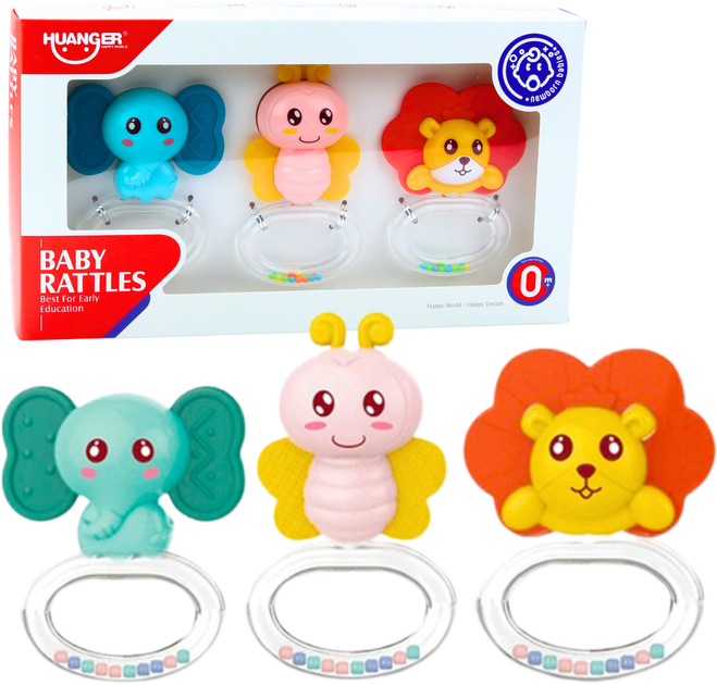 Zestaw gyzaków i grzechotek sensorycznych dla niemowląt LEAN Toys Zwierzątka 3 elementy 22786 (5905991051350) - obraz 2