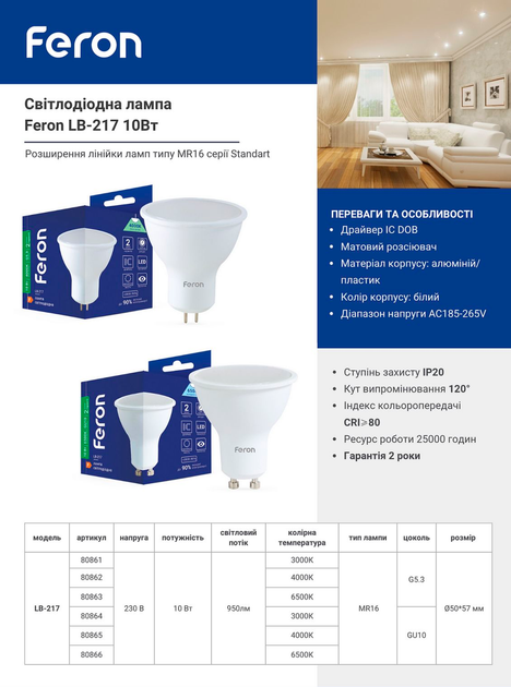 Светодиодная лампа Feron MR-16 LB-217 10W LED 220V G5.3 Ø50х58мм 3000K / 4000K / 6500К матовая 10Вт 950Lm - изображение 2