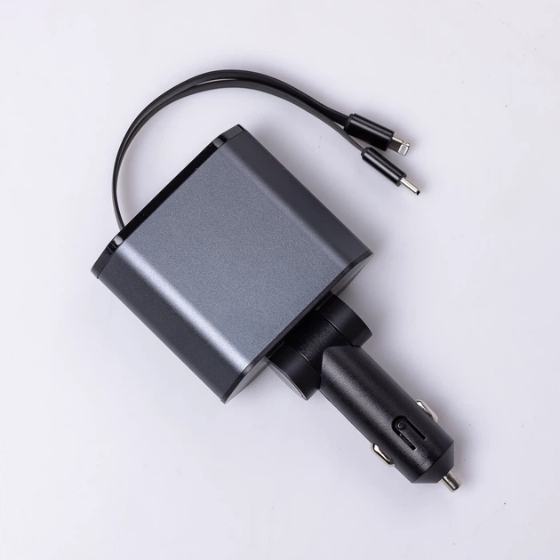 Многофункциональное автомобильное зарядное устройство 4 порта USB с выдвижными кабелями черное - изображение 5