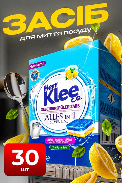 Засіб для миття посуду таблетки 30шт для посудомийної машини KLEE - Фото 1 Засіб для миття посуду таблетки 30шт для посудомийної машини KLEE - зображення 1