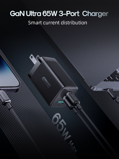 Сетевое зарядное устройство Joyroom FC 65W 2xUSB-C | USB-A with 100W USB-C to USB-C Cable Black (TCG01) - Фото 9 Сетевое зарядное устройство Joyroom FC 65W 2xUSB-C | USB-A with 100W USB-C to USB-C Cable Black (TCG01) - изображение 9