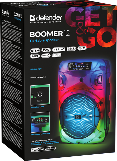 Портативна акустика Defender (65412) Boomer 12 15Вт, Light/BT/FM/USB/LED/AUX 15 Вт Bluetooth 5.4 до 5 год роботи - изображение 8