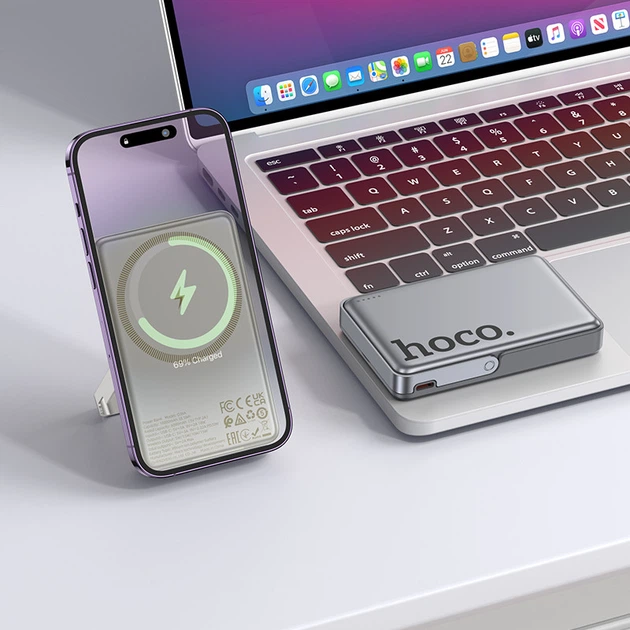 Павербанк HOCO Q36A 10000mAh 20W із бездротовою зарядкою Qi 15W 2в1 Портативний зовнішній акумулятор Power Bank із швидкою зарядкою QC3.0+PD20W та підставкою Grey - зображення 2